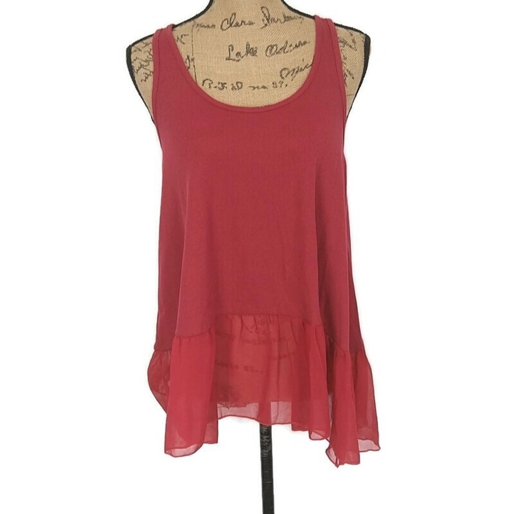 NWT Umgee Tank Top Sheer Trim Scoop Neck Sleeveless‎ Red Ribbed Knit Boho sz S